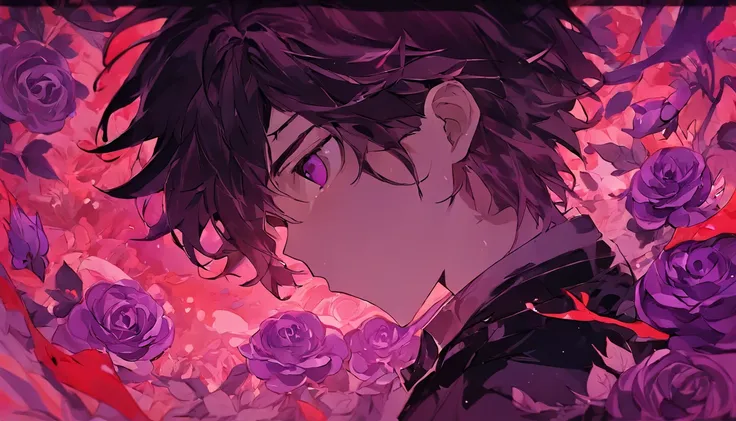 (Red-purple-black roses background:1.4),(Silhouette of a handsome boys head, Eyes closed, black-purple colored hair, Oriental elements)，(Chinese illustration:1.3，paper art:1.3, Quilted paper art:1.2),( reasonable design, Clear lines, High sharpness,Best qu...