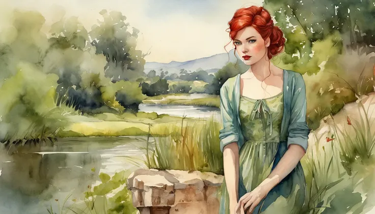 ((Best quality masterpiece)), ((highly detailed)), high resolution. Vintage watercolor of a beautiful woman, with red hair and green eyes, very similar to Milla Jovovich, with a green jumper, pin-up style, on the shore of an irrigation canal. Whole body im...