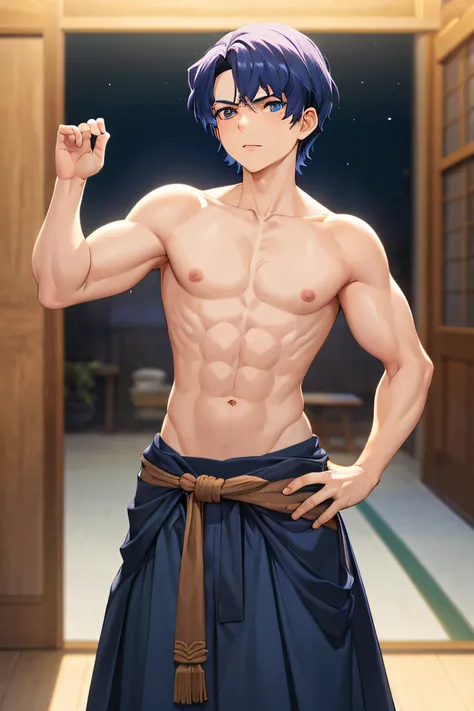 Obra maestra, La mejor calidad, 1child, flequillo, cabello negro, cabello azul, ojos azules, Abs, Hombre en topless, hakama, Enfoque masculino, ike, fire emblem, ragnell, short hair, green bandanna,