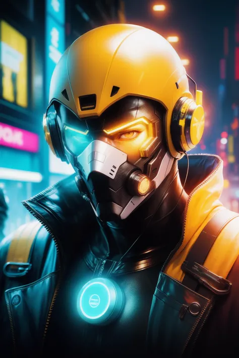 Cyberpunk man with yellow and white mask, Hidden Face, photoshoot, Realistic, bubble gum, Neon lights, Portrait, Cyberpunk city, rainy background, Night