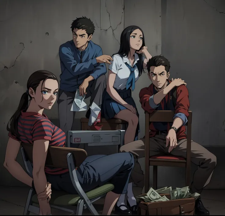 Anime poster, highschool group posing on the chair, bag of cash on the ground