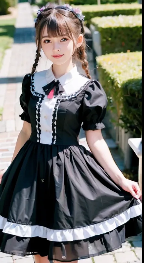 (ultra-detailliert), Cute princess dresses in black color,(frilly dress),(shortsleeves),Blue eyes,The upper part of the body、a closeup、faces、(A smile:1.1),(facing front:1.2), 20yr old, teens girl,no tail,(no tail),2D, ​masterpiece, top-quality, animesque, ...