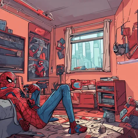 Adolescente, Playing mobile game, vista de um pouco mais longe, sem eletricidade, em seu quarto, Meio dia meio noite, Spiderman Spider Verse Estilo