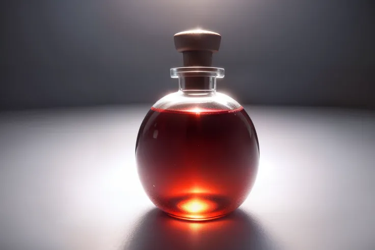 Perfume glass bottle，3D and texture modeling using realistic materials. It has an oval body and a silver hat. It is filled with a red liquid that smells like roses. The bottle is swirling on a white background，With some text and logo.