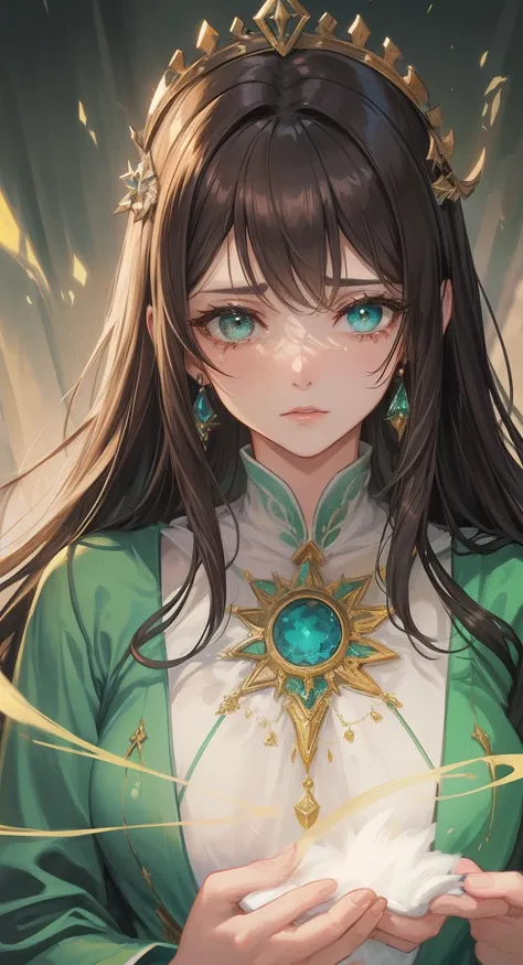 Uma mulher bonita com olhos verdes e cabelos castanhos, She is a sorceress wearing noble robes, Um olhar triste, she is crying, Detailed tears. ((Rosto focado)) Um fundo cheio de magia Uma arte para um RPG Uma arte medieval para RPG ((obra prima)) ((jovem ...