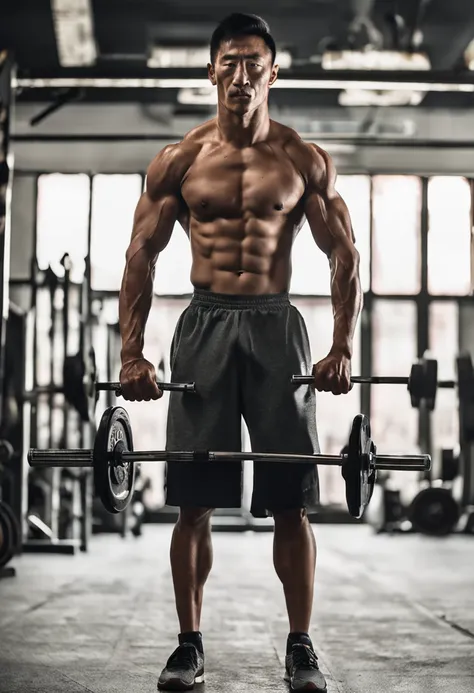 Handsome white clean Chinese man in five-point shorts and no shirt holding a barbell, Strong legs, Muscular thighs, incredibly strong and tall, Strong and tall, chest legs, Legs and arms, Muscular legs, body is strong and upright, workout, Tall and strong,...