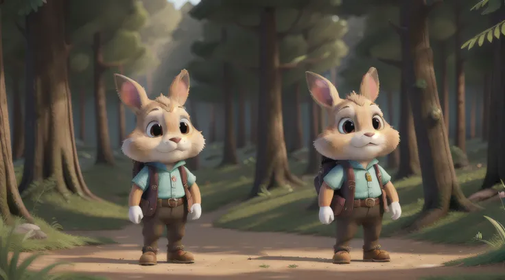 There is a cartoon rabbit with a backpack standing in the forest, rabbt_character, painting digital adorable, arte digital detalhada bonito, arte infantil em artstation, cute anthropomorphic rabbit, wojtek fus, criatura da floresta bonito, um retrato de Ju...