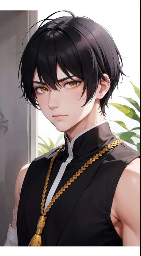 Male with black short hair, yellow eyes, serious but soft face, withsoft smile, wearing traditional  kinono, weak,