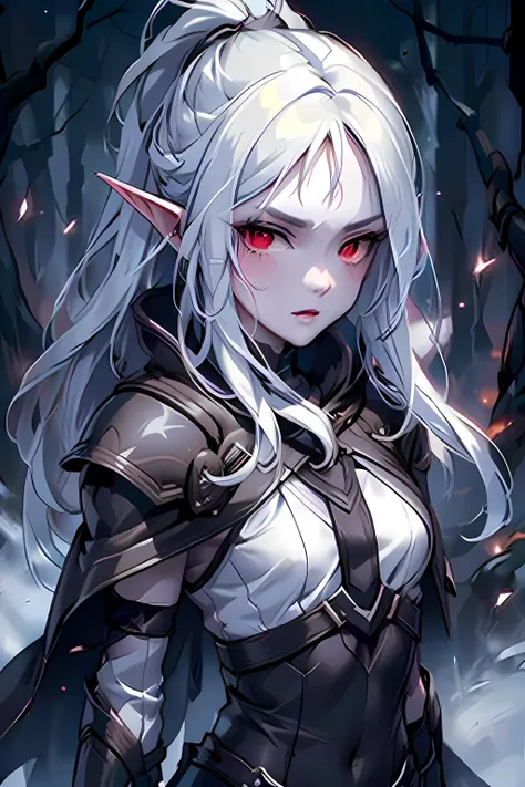 1girl, silver long hair, light red eyes, leather armor, rapier, dark forest, portrait, pointed ears