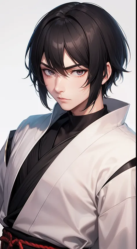 Male with black short hair, white eyes, serious but soft face, withsoft smile, wearing traditional  kinono, weak, samurai