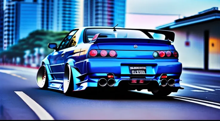 Nissan skyline R34, neon city, blue colour, modified