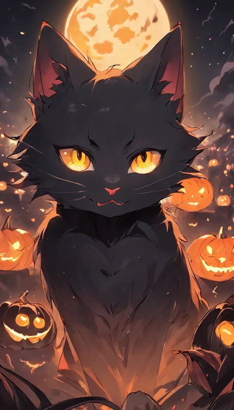 Animal black cat with big yellow eyes, smile, halloween pumpkins, full moon