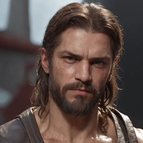 (Professional 3D rendering:1.3) de (Realistic:1.3) Foto de arte mais bonita do mundo，Apresenta personagens de Star wars em uma barbearia, ((Epic hero fantasy rough muscular man wet hero angry look long hair short beard and fierce expression in dynamic pose...