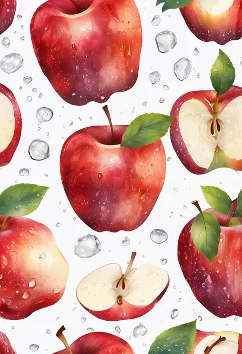 one Red apple with water drops, Watercolor, white background, fold