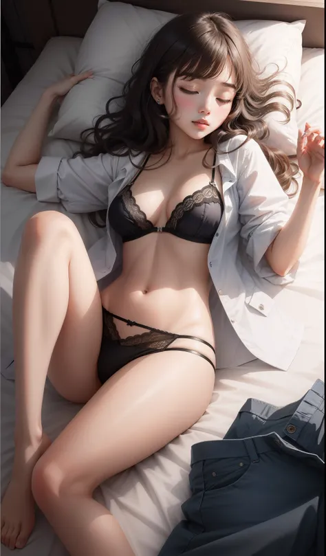 Sleeping girl，22 year old，realisticlying，She was wearing underwear，brown  hair。