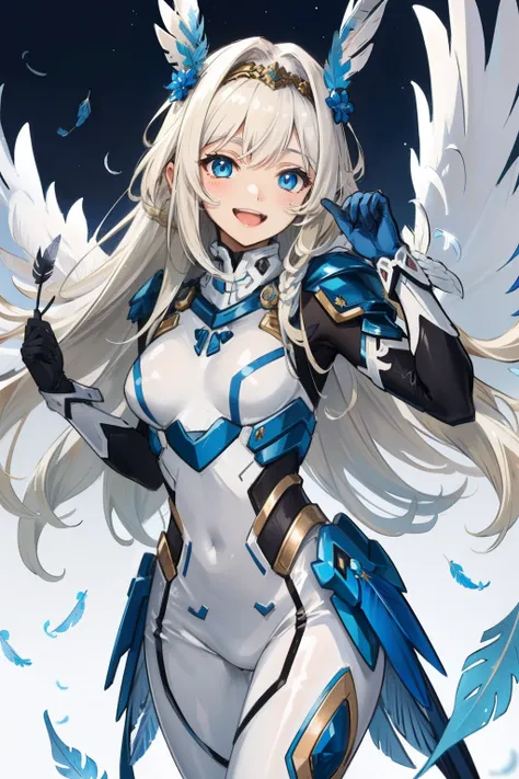 (​master piece, Best Quality),  Intricate details, valkyrie, kawaii, Happy, (((Laugh))), Villainous smile, Hand up, Looking at Viewer, Feather Headgear, Flower garden, 
1 girl in, Solo, Portrait, Tentacle Plutinum Blonde Hair, drooping ice blue eyes, Silve...