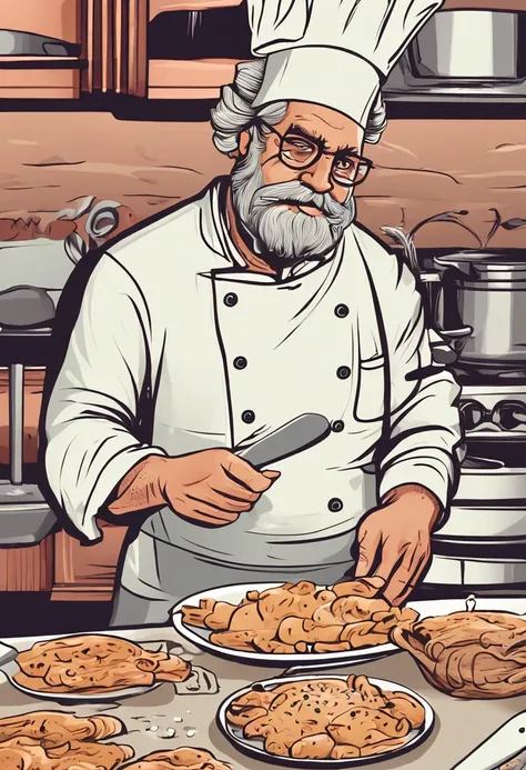 imagine um chef de cozinha, em uma cozinha, com avental manchado e olhos curiosos fixados em uma carta. quero que a imagem seja em cartoon.