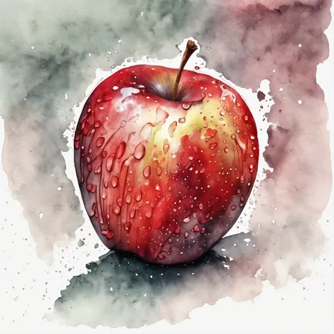 one Red apple with water drops, ink drawing, Watercolor, white background, fold