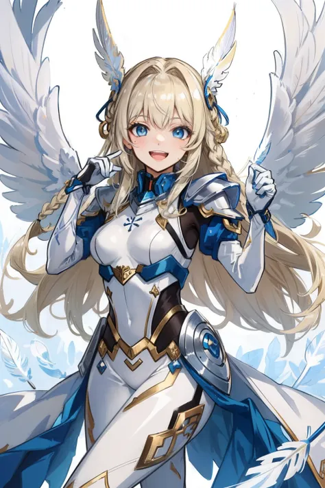 (​master piece, Best Quality),  Intricate details, valkyrie, kawaii, Happy, (((Laugh))), Villainous smile, Hand up, Looking at Viewer, Feather Headgear, Flower garden, 
1 girl in, Solo, Portrait, Tentacle Plutinum Blonde Hair, drooping ice blue eyes, Silve...