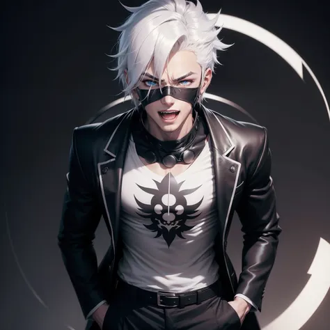 Anime boy, mask, edgy, black and white shirt and pants, dark background, symmetrical face, handsome, beautiful eyes, beautiful hair, badass, High quality image, white hair, laughing, skinny