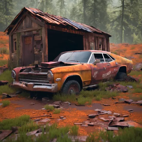 Rusted out old car on blocks with a wooden shack with a sheet metal roof in the background. by pascal blanche, neil blevins, thomas kinkade, apocalyptic color palette, trending on artstation, photorealistic, neon ambiance, ultra detailed, high definition, ...