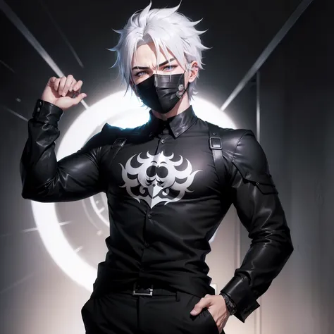 Anime boy, mask, edgy, black and white shirt and pants, dark background, symmetrical face, handsome, beautiful eyes, beautiful hair, badass, High quality image, white hair, laughing, skinny, thinking, looking up