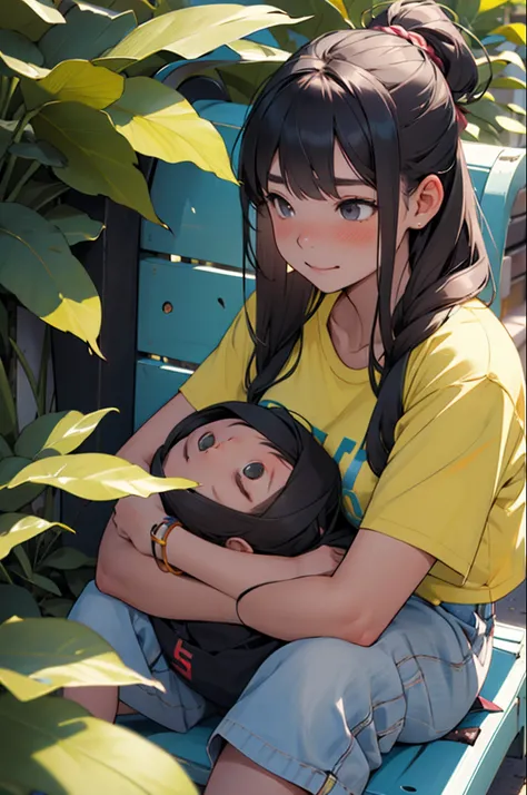 “A cute young woman providing encouragement, surrounded by a warm and uplifting atmosphere, supporting someone feeling tired and worn out in the summer heat.”