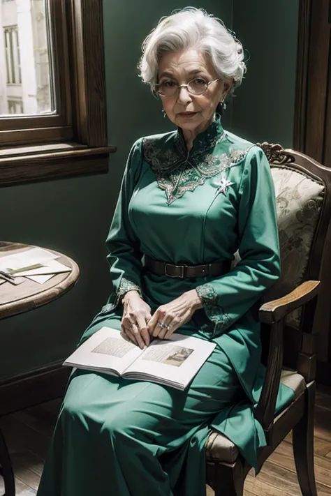 mulher velha 70 anos sentada em uma mesa imagem realista, roupas de cor verde