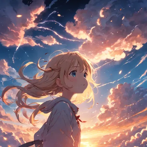 masterpiece, best quality, movie still, 1girl, cloud girl, floating in the sky, close-up, bright, happy, warm soft lighting, sunset, (sparks:0.7)