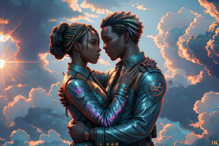 A sculpture of a couple black man and woman hugging in the sky, surrounded by clouds with the sunlight piercing through, with iridescent light, highly detailed images, vibrant beautiful colours, photorealistic image, 8k, ultra HD, unreal engine rendered, c...