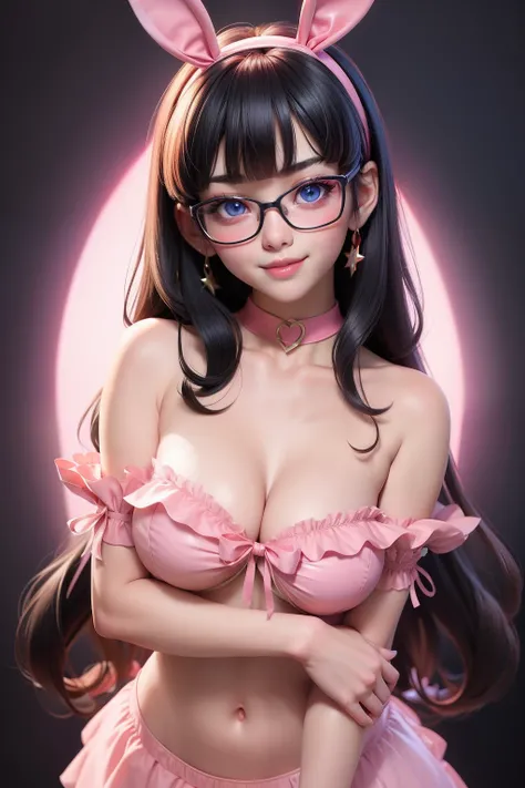 1girl, cute japanese girl, big eyes, sexy face, seductive smile, solo, stylist long hair, bangs, see through, open erotic pink wedding dress, navel, neon blue eyes, double eyelids, pink perfect areolae, bunny ears headband, collar, collarbone, red sensual ...