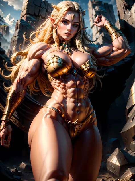 Asgard，valkyrie，Lady Knight，Correct anatomy，epic fantasy digital art，tmasterpiece，8K，hight resolution，detailed figure，Clidades Superior，, epic composition, muscular bodies, Muscular abdominal tattoos