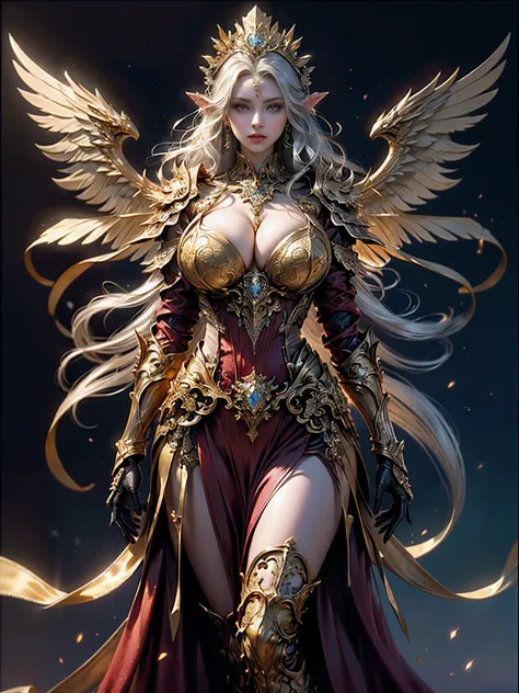 Sexy Elven Woman in a golden transparent dress,view the viewer,(((Huge breasts, Large cleavage))),Slim waist,(Bare waist), Elven girl in shiny armor, Beautiful gold and silver armor, Extremely detailed, Exquisite tiara and jewelry, Long shapeless hair, (El...