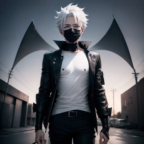 Anime boy, mask, edgy, black and white shirt and pants, dark background, symmetrical face, looking at the sky,handsome, beautiful eyes, beautiful hair, badass, High quality image, white hair, laughing, skinny, looking up in the sky, alone, walking,sky,