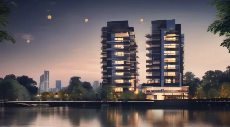 A modern and stylish villa，By the river，Next to it, there are modern high-rise buildings that splendor at night