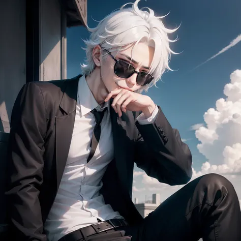 Anime boy, mask, sunglasses, black and white shirt and pants, dark background, symmetrical face, looking at the sky,handsome, beautiful eyes, beautiful hair, badass, High quality image, white hair, laughing, skinny, looking up in the sky, alone, sitting,sk...