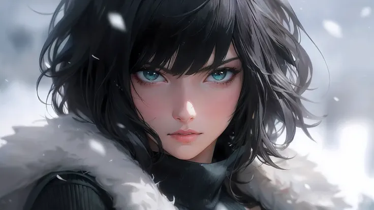 Menina anime com cabelo preto e olhos verdes na neve, retrato impressionante do rosto do anime, retrato detalhado da menina do anime, retrato bonito do anime, arte de anime digital detalhada, arte de anime realista, arte de anime digital, arte cg anime sua...