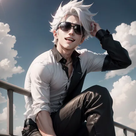 Anime boy, mask, sunglasses, black and white shirt and pants, dark background, symmetrical face, looking at the sky,handsome, beautiful eyes, beautiful hair, badass, High quality image, white hair, laughing, skinny, looking up in the sky, alone, sitting,sk...