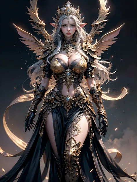 Sexy Elven Woman in black and silver armor, (((Huge breasts, Large cleavage))),Slim waist,(Bare waist), Elven girl in shiny armor, Beautiful gold and silver armor, Extremely detailed, Exquisite tiara and jewelry, Long shapeless hair, (((Elven city backgrou...