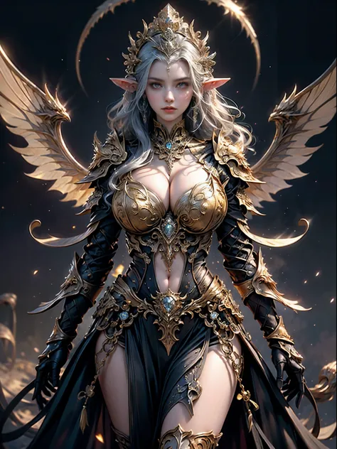 Sexy Elven Woman in black and silver armor, (((Huge breasts, Large cleavage))),Slim waist,(Bare waist), Elven girl in shiny armor, Beautiful gold and silver armor, Extremely detailed, Exquisite tiara and jewelry, Long shapeless hair, (((Elven city backgrou...