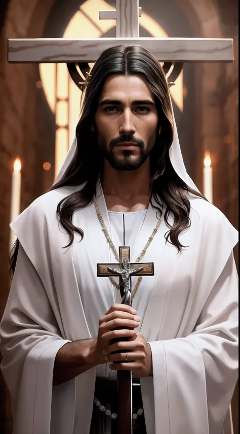 Close-up of a man holding a cross and a rosary, Jesus Christ, Portrait of Jesus Christ, dressed like jesus christ, 《Mass effect》in Jesus Christ, king of kings, Jesus of Nazareth, Jesus Christ blunt instrument, Cyberpunk Jesus Christ, Jesus wasted at the me...