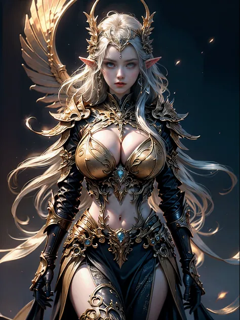 Sexy Elven Woman in a black and gold armor, ((Huge breasts, Large cleavage)),Slim waist, (Bare waist), Elven girl in shiny armor, Beautiful armor, Extremely detailed, Long shapeless hair, (((Elven city background))), Ultra-detailed, detailed fantasy art, S...