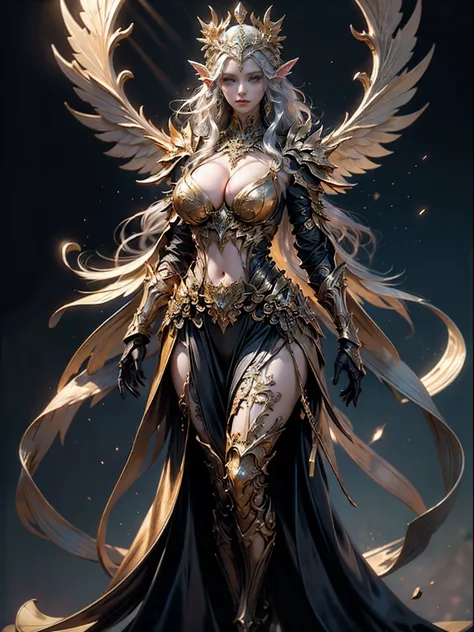 Sexy Elven Woman in a black and gold armor, ((Huge breasts, Large cleavage)),Slim waist, (Bare waist), Elven girl in shiny armor, Beautiful armor, Extremely detailed, Long shapeless hair, (((Elven city background))), Ultra-detailed, detailed fantasy art, S...