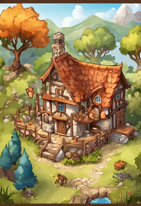 isometric house, estilo rpg, Desenhos animados, dnd, fantasia, Mobile Game，homem primitivo，osso de animal，pedra，madeira, suspenso no ar