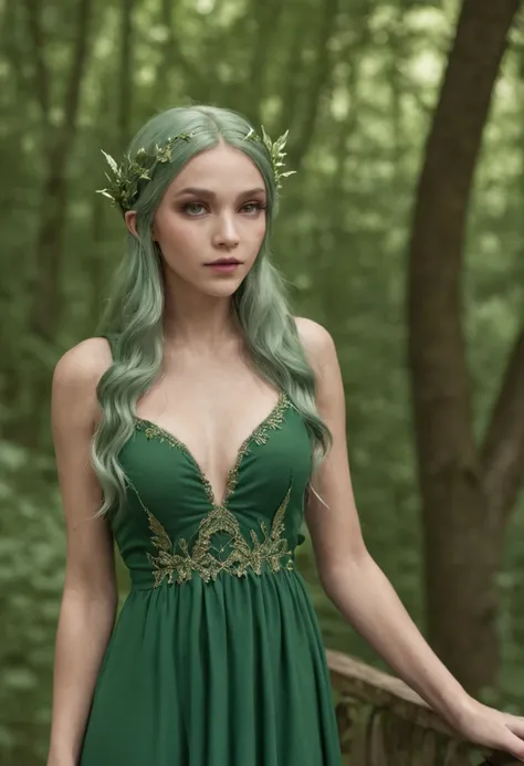 Beautiful 20-year-old divine elf with golden eyes, green hair and a skin-tight green dress Walks in the woods. 160 cm tall, 90-60-120, ultra realistisch, Oktan-Rendering, UHD, Unreal-Enigine 5, IG-Modell, Extrem detailliert, Phantasie, Fey Queen of the Sum...