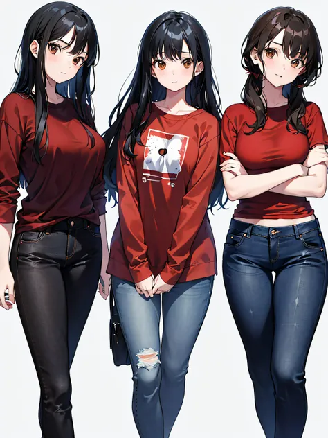 4girls,black hair, brown eyes, wearing plain red shirt, denim jeans, cross arms,no background, absurdres, high res, ultrasharp, 8K, masterpiece, looking at viewer