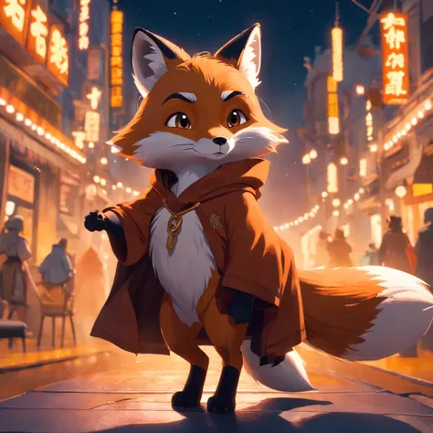 Adorable fox in disney movie style, usando um capuz, cinematic lighthing, Depth detection, hiper detalhada, qualidade 8k.