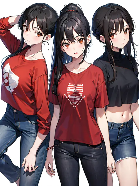 4girls,black hair, brown eyes, wearing plain red shirt, denim jeans, cross arms,no background, absurdres, high res, ultrasharp, 8K, masterpiece, looking at viewer