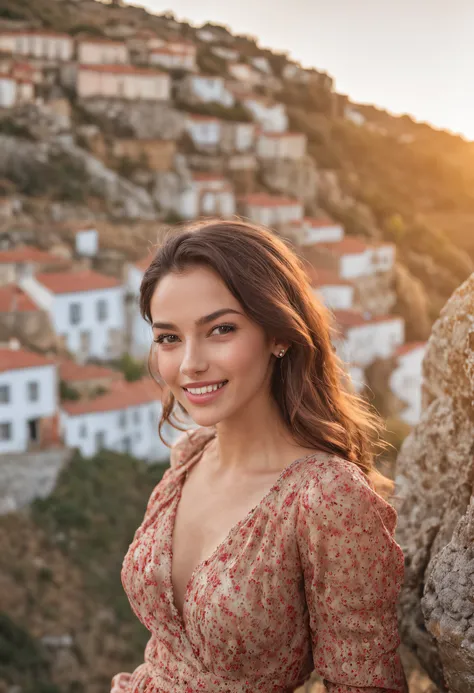 "Beautiful girl with a captivating smile in a picturesque landscape of Portugal."