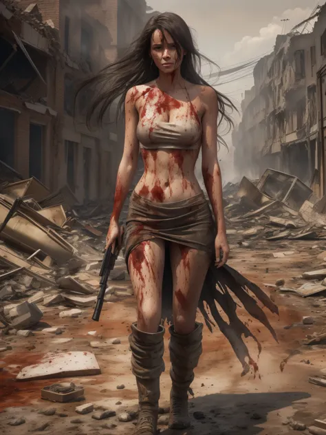 Three tanned woman with very long hair stumbles with a naked upper body, with a bleeding bullet wound in her right shoulder: full of mud, blood, wounds, and with a torn skirt through the streets of a destroyed city. Explosions and fires everywhere ravage t...